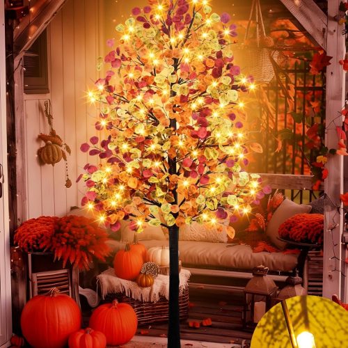 6FT 96LED Lighted Fall Tree for Thanksgiving Decor, Artificial Eucalyptus Tree With 384 Leaves, Timer, 8 Modes, 3 Dimmable Levels for Home Indoor Outdoor Autumn Halloween