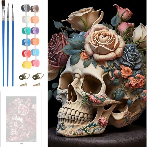 Skyboda Halloween Skull Paint by Numbers Kit for Adults Beginners with Frame, Flower Adult Paint by Number Kits on Canvas, Easy DIY Oil Painting Kits for Home Decor, 8x12in