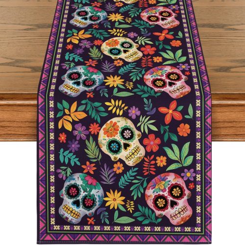 Artoid Mode Mexican Sugar Skull Dia De Los Muertos Table Runner, Day of The Dead Altar Kitchen Dining Table Decoration for Home Party Decor 13x72 Inch