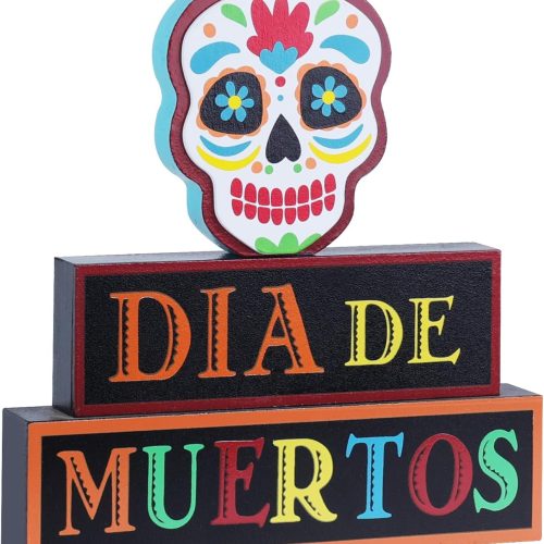 DECSPAS Day of the Dead Decorations, Wood Block Sugar Skull Dia De Los Muertos Decorations with DIA DE MUERTOS Sign, 3-Layered Wooden Skeleton Decor for Altar, Ofrenda, Home, Table, Mexican Fiesta