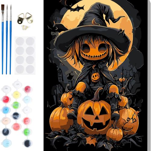 Bowetile Halloween Framed Paint by Numbers for Adults, Adults' Paint-by-Number Skull Kits on Canvas, Easy Acrylic Pumpkin Number Painting Crafts Kits Halloween Gifts for Home Decor, 8x12in