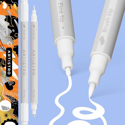 ARTISTRO 2 White Dual-Tip Acrylic Paint Pens - Multisurface Markers for Glass, Rock, Fabric, Wood, Plastic & More - 1 mm Fine & Brush Tips