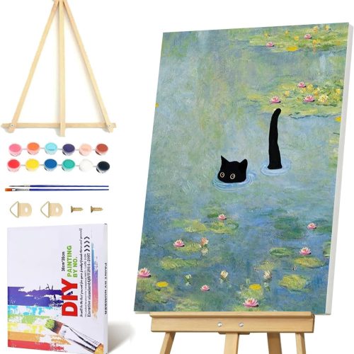 Black Cat Pond Paint by Numbers Kit for Adults with Framed - Paint by Number with Wooden Easel DIY Nice Box Acrylic Oil Painting,for Wall Decor 8x12inch