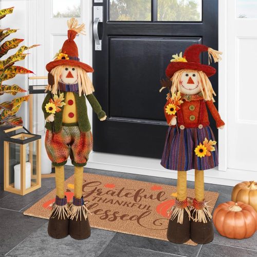 Juegoal 2Pack Fall Decorations Large Plush Scarecrows with Stretchable Legs, 28" Standing Scarecrow Thanksgiving Harvest Autumn Decor, Figurine Gifts for Home Housewarming Outdoor Farmhouse Porch