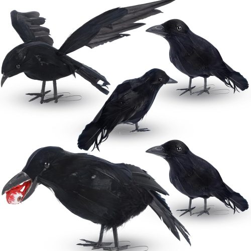 DR.DUDU 5 Pack Halloween Crows Decor, Realistic Black Feather Ravens with Eyeball & Flying Pose, Fake Crow for Indoor/Outdoor Decorations, Scarecrow Displays, Party & Cemetery Props (Assorted Poses)