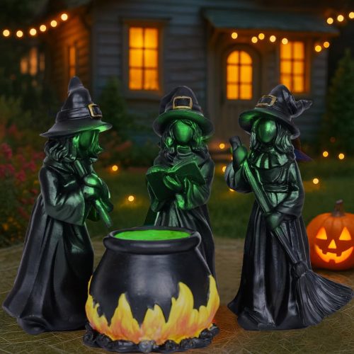 Halloween Witch Figurine Set with Glowing Cauldron – 4PCS Resin Halloween Decorations for Tabletop Mantel Tiered Tray Indoor Haunted House Spooky Witch Statues, Mini Figurines Gothic Home Decor