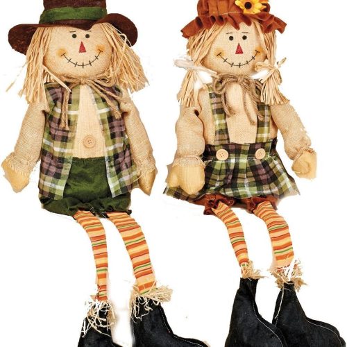 Sitter W, Set of 2 32" Sitting Scarecrow with Long Legs, Set of Two, Beige, Green, Rust, Orange, Black (2222)