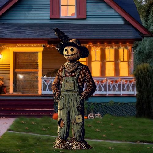 39" Halloween Decorations Outdoor Yard Signs with Stakes, Large 3-Tiered Lighted Scarecrow Crows Yard Sign for Scary Decor