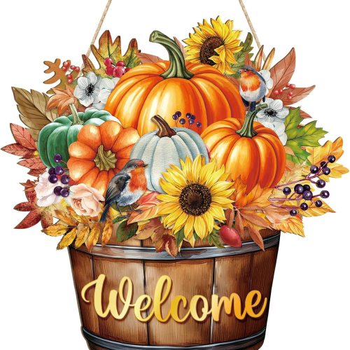 Fall Decoration Welcome Wreaths for Front Door, Wooden Hello Fall Pumpkin Thanksgiving Door Sign Ornament, Wood Mason Jars Maple Leaf Flower Farmhouse Hanging for Autumn Harvest Porch Home Decor