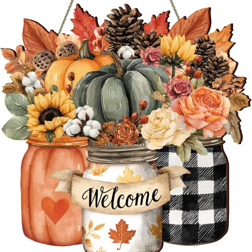 Fall Door Sign Fall Welcome Door Decor Autumn Wreaths for Front Door Harvest Maple Leaves Door Hanger Thanksgiving Pumpkin Hanging Decor for Porch Wall Art Farmhouse Rustic Outdoor Decor