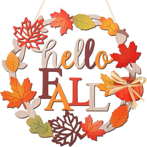 COCHIE Welcome Fall Decorations Sign, Fall Leaves Pumpkins Wood Wreath for Front Door Porch Window Wall Hanging Decor, Orange Autumn Decoration for the Home (Retro)