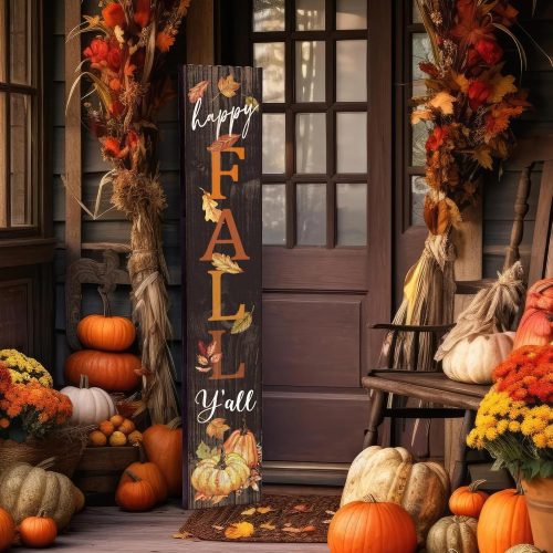 Farmhouse Fall Porch Signs Outdoor 47" Wooden Happy Fall Porch Decorations for Home Large Maple Pumpkin Autumn Vertical Sign Outside Thanksgiving Decoration for Autumn Party Decor Home