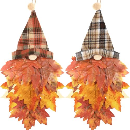 Sosation 2 Pcs Fall Gnomes Maples Leaf Wreath for Front Door Autumn Gnome Hanging with Pointed Hat Rustic Home Decoration for Fall Harvest Thanksgiving Halloween Farmhouse Outside Porch Door Wall