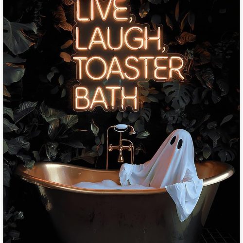Halloween Wall Art Cute Ghost In Bathtub Picture Live Laugh Toaster Bathroom Ghost Posters Dark Gothic Spooky Print 12x16in Unframed for Farmhouse Toilet Restroom Decor