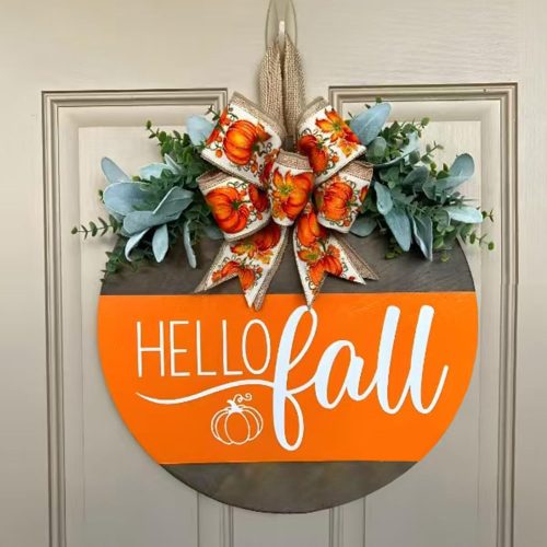 Hello Fall Wreath Door Sign, Fall Wooden Pumpkin Hanging Sign for Front Door with Bow, Fall Decorations for Home Rustic Farmhouse Outdoor Porch Wall Window Decor (Hello Fall)