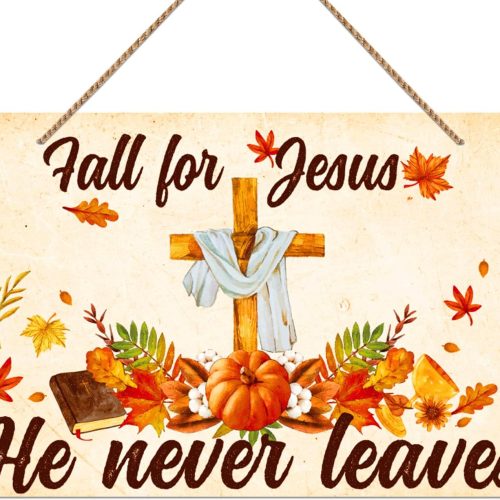 WhatSign Fall Door Decor Sign - 14'' x 8.5'' Fall for Jesus He Never Leaves Pumpkin Cross Fall Sign Fall Decor Signs Fall Door Hanger Autumn Door Decor