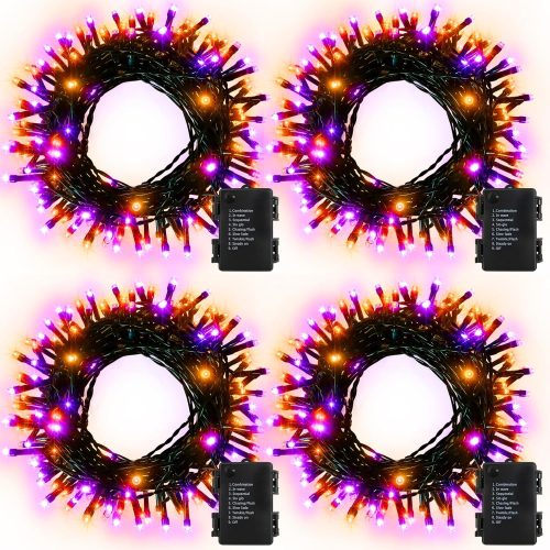 4 Pack Orange Purple Halloween String Lights Battery Operated, Each 16.4Ft 50 LED Indoor Halloween Lights with Timer 8 Modes for Party Yard Patio Decoration