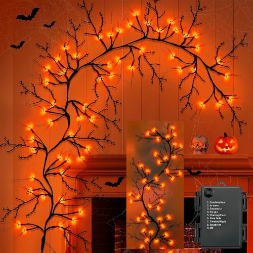 [8 Modes & Timer] 6 Ft 54LED Halloween Garland with Lights, Orange Willow Vine Twig Garland Battery Operated Indoor Outdoor Fireplace Table Wall Home Party Halloween Decorations