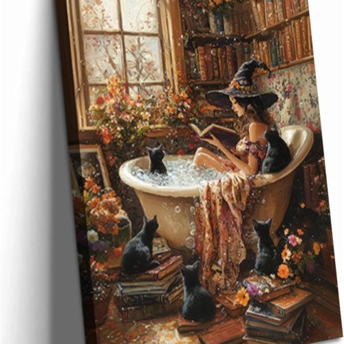 Witch Black Cat Wall Art Canvas Painting Reading in the bathtub Picture Wall Decor Whimsical Gothic Poster Print Book Lovers Bathroom Artwork for Bathroom Toilet Home Decoration 12x16In