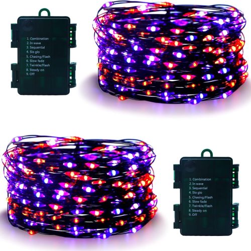 2 Pack Halloween Fairy Lights Battery Operated 200 LED 66Ft Silver Wire Starry String Lights Auto Timer 8 Modes Waterproof Mini String Lights for Outdoor Garden Yard, Fence Decor (Purple & Orange)
