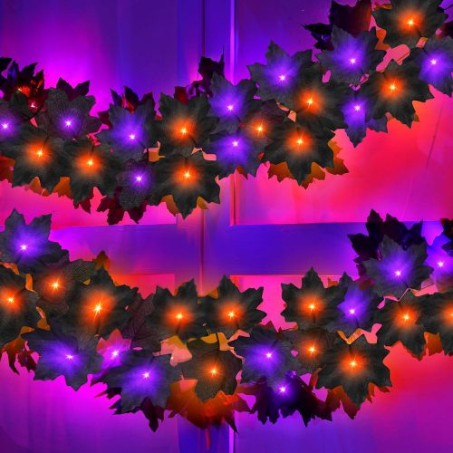 Timer & 2 Pack - Halloween Garland with Lights Total 12Ft 52LED Purple & Orange Lights Battery Operated Black Leaves Halloween Garland for Mantle Table Stairs Fireplace Home Indoor Outdoor Decorations