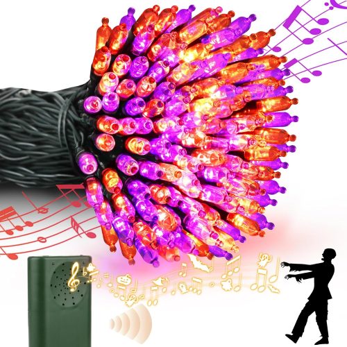 Halloween Lights 33ft 100 LED Battery String Lights with Motion Sensor Spooky Music or Battery Powered Orange & Purple 2 Colors in 1 Waterproof Halloween Indoor Outdoor Decor