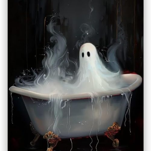 Vintage Ghost in Bathtub Halloween Wall Art Cute Ghost Poster Funny Bathroom Decor Gothic Dark Academia Canvas Print Halloween Decoration Spooky Home Picture Decor 8x12inch Unframed