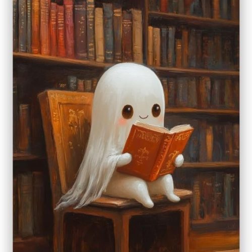 Vintage Halloween Decor Cute Ghost Canvas Wall Art Funny Ghost Reading Book Aesthetic Poster Gothic Dark Academia Wall Decor 8x12inch Unframed