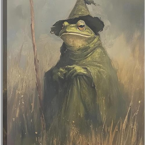 CT0831ZRA76GT_1 VPUQWGKE Vintage Witch Frog Canvas Wall Art Print Halloween Toad Picture Wall Decor Dark Academia Cottagecore Artwork Spooky Victorian Frog Witch Painting for Rustic Farmhouse Home Decoration 12x16in