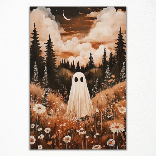 sdgobvco Ghost In Enchanted Forest Meadow Wall Art,Dark Cottagecore Landscape Canvas Art, Ghost and Autumn Flowers Field Poster Picture, Fall Season Spooky Art, Moody Halloween Picture 12x16in Unframed