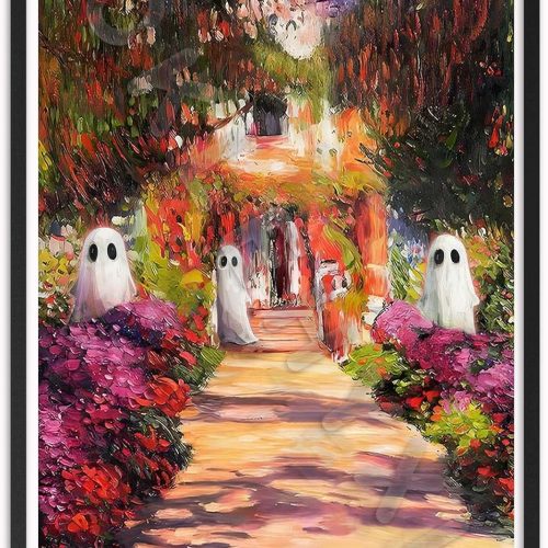 CKLEHYXI Vintage Monet Garden Halloween Wall Decor Three Cute Ghosts Poster Funny Ghosts Floral Print Colorful Abstract Picture Dark Academia Wall Art Bedroom Decor 12X16inch Unframed