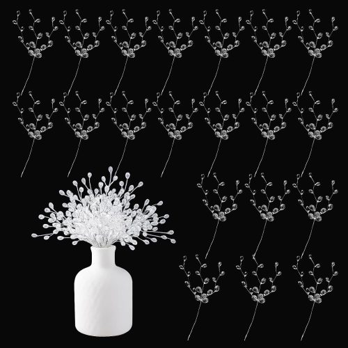 CT0906ZRA1076GT_1 20PCS Acrylic Crystal Flower Branches – Clear Artificial Bead Drop Bouquets, Glitter Floral Acrylic Picks Arrangement for Wedding, Christmas, Thanksgiving & Home/Office Table Top Decoration – Clear