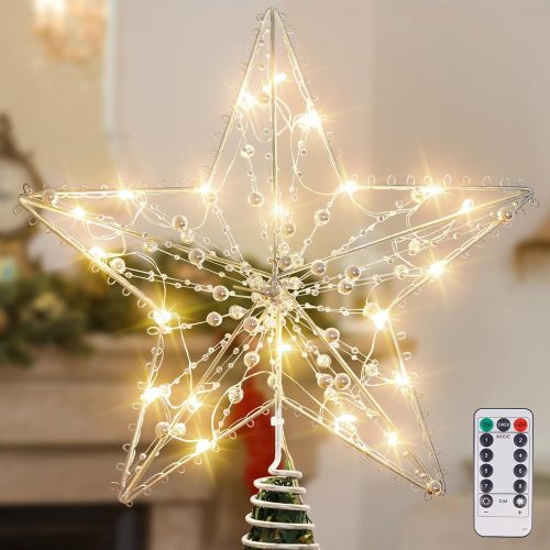 Silver Christmas Tree Topper Star with 20 Pure White LED Lights and Pearl Beads, Remote Control Star Tree Topper for Christmas Tree Decorations and Xmas Holiday Décor, Battery Required