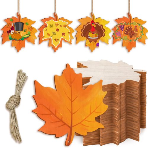 36 Pack Unfinished Wooden Maple Leaf, Maple Leaf Wood Cutouts Crafts to Paint, Fall Halloween Thanksgiving Decoration with Hole Hemp Rope for Hanging Decoration