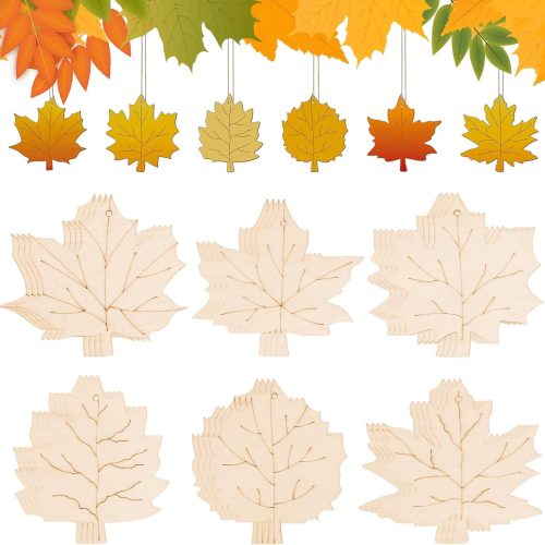 24 PCS Unfinished Wooden Fall Crafts, Maple Leaves Shaped Hanging Ornaments DIY Wood Craft Cutouts for Fall Home Decor (Leaves)