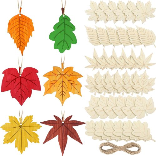 Gerrii 36 Pcs Wooden Leaves for Crafts, Thick Unfinished Wood Maple Leaves Hanging Ornaments Leaves Cutout DIY Wooden Leaves Crafts 6 Styles Leaf with Hemp Rope for Home Decoration Craft Gift Tags