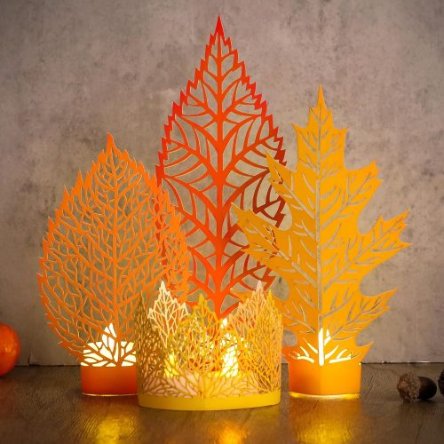 4 Pcs Fall Leaves Cutouts Table Centerpieces for Tea Light Votive Wraps Paper Candle Holder DIY Fall Decorations for LED Battery Tealight Candles Tabletop Decor for Thanksgiving Harvest Home Party