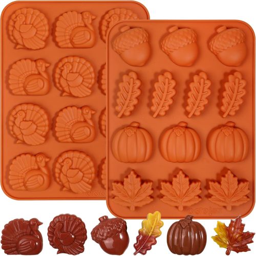 Webake The Original Thanksgiving Silicone Molds with Turkey, Pumpkin, Fall Leaf, Acorn Shapes, 2 Pack Turkey Pumpkin Chocolate Mold for Candy, Cupcake Decorations, Thanksgiving, Fall Harvest Baking