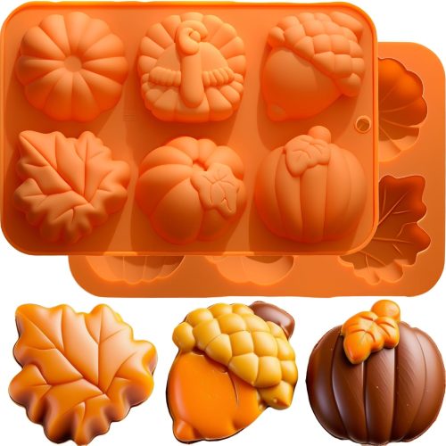 Fall Silicone Molds Pumpkin Molds silicone Autumn Maple Leaf Mold Pumpkin Acornshape Halloween Thanksgiving Fall Turkey Theme Mould for Cupcake Topper Mousse Chocolates Resin Soap Candle Ice Cube-2PCS