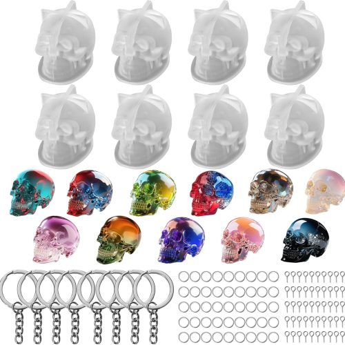 CT0906ZRA1737GT_1 Resin Skull Molds, 8 PCS Flexible Clear Silicone Molds with Key Ring Accessory, 3D Skull Head Molds for Candle Making, Home Decor & Halloween Decoration