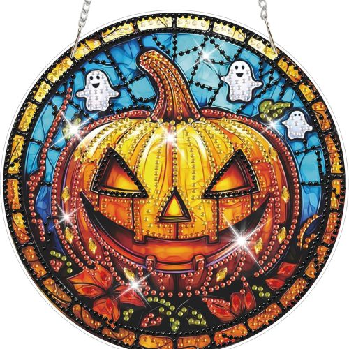 CT0906ZRA1977GT_1 HEIBAGO Halloween Diamond Art Hanging Kits for Adults Kids, Hanging Diamond Art Glass Pumpkin, 5D Special Shaped Crystal Diamond Painting Kit, DIY Pattern Window Pendant for Home Wall Decor 8.3x8.3In