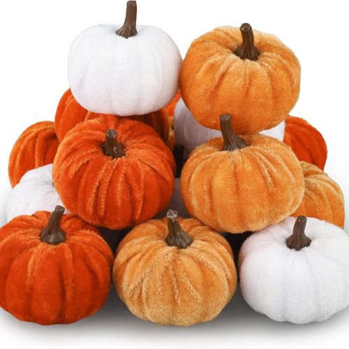 18 Pcs Fall Artificial Velvet Pumpkins Fake Fabric Pumpkin Faux Foam Pumpkins Orange Yellow White Artificial Pumpkin Decorations for Fall Harvest Thanksgiving Halloween Farmhouse Table Centerpiece