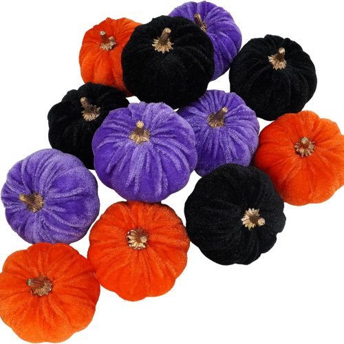 Winlyn 12 Pcs Assorted Small Faux Halloween Velvet Pumpkins Decorative Orange Purple Black Fabric Foam Pumpkins 3" for Fall Wedding Halloween Table Centerpiece Mantel Bowl Décor