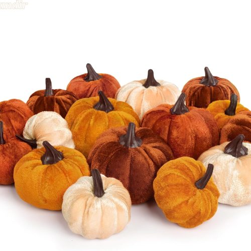 16Pcs Fall Artificial Velvet Pumpkins, 3 Sizes Orange Brown Beige Rust Fake Small Foam Pumpkins for Decorating Autumn Fall Farmhouse Home Harvest Thanksgiving Halloween Wedding Table Centerpiece Decor