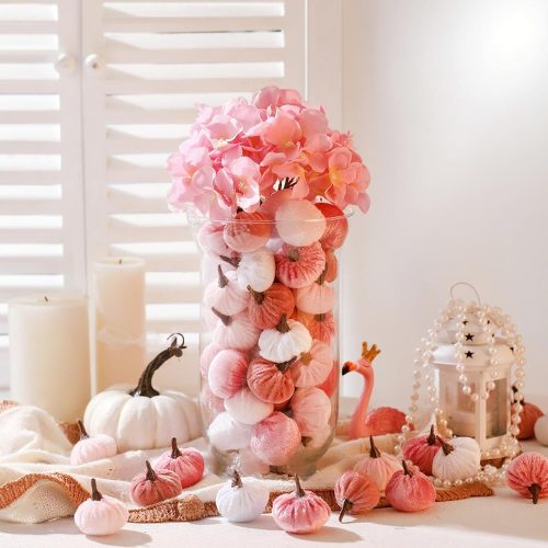 Newtay 60 Pcs Pink Mini Velvet Pumpkins for Fall Home Vase Filler Decor 1 1/2" x 2" Small Assorted Plush Fake Fabric Pumpkins for Fall Thanksgiving Home Decorations
