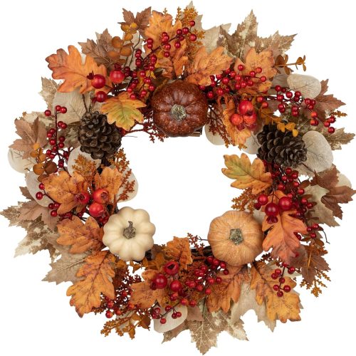 22" Artificial Fall Wreath for Front Door Autumn Harvest Wreath with Pumpkin Oak Maple Leaf Pine Cones Eucalyptus Berry for Halloween Thanksgiving Day Indoor Outdoor Farmhouse Window Wall Décor