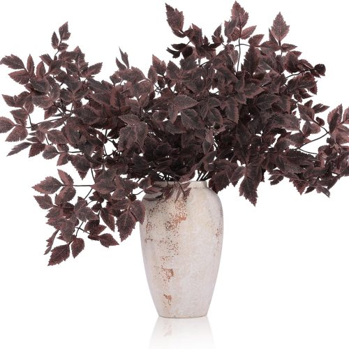 Hananona 4 Pcs Artificial Cimicifuga Leaf Spray, 23 in Faux Burgundy Fall Greenery Branch with Long Stems for Vase, Farmhouse Thanksgiving Autumn Centerpiece Halloween Decor (4, Chocolate, 23 in)