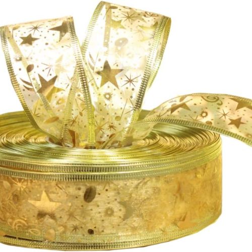 Gold Star Wired Sheer Ribbon Christmas Tree Decoration Christmas Gift Wrap Wreath DIY, 2 Inch by 100-Yard Spool