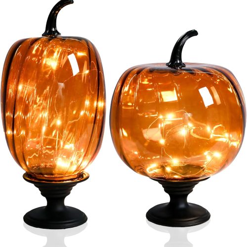 Glass Pumpkin Lights with Warm Yellow LED String, Set of 2 – 13.4” & 11.8” Tall Amber Glass Pumpkins for Fall, Halloween, Thanksgiving Table Centerpiece, Indoor Autumn Home Decor