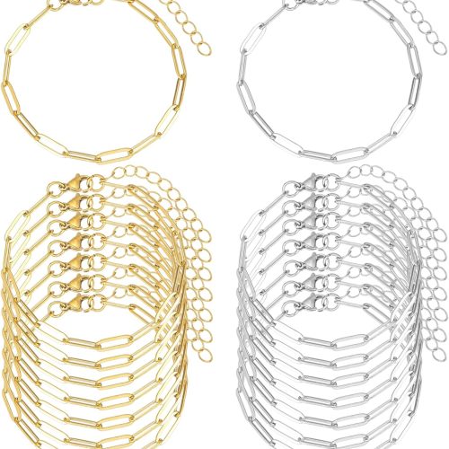 16 Pack Charm Bracelet Chain Bulk Gold Plated Stainless Steel Paperclip Chains Bracelets for DIY Jewelry Making